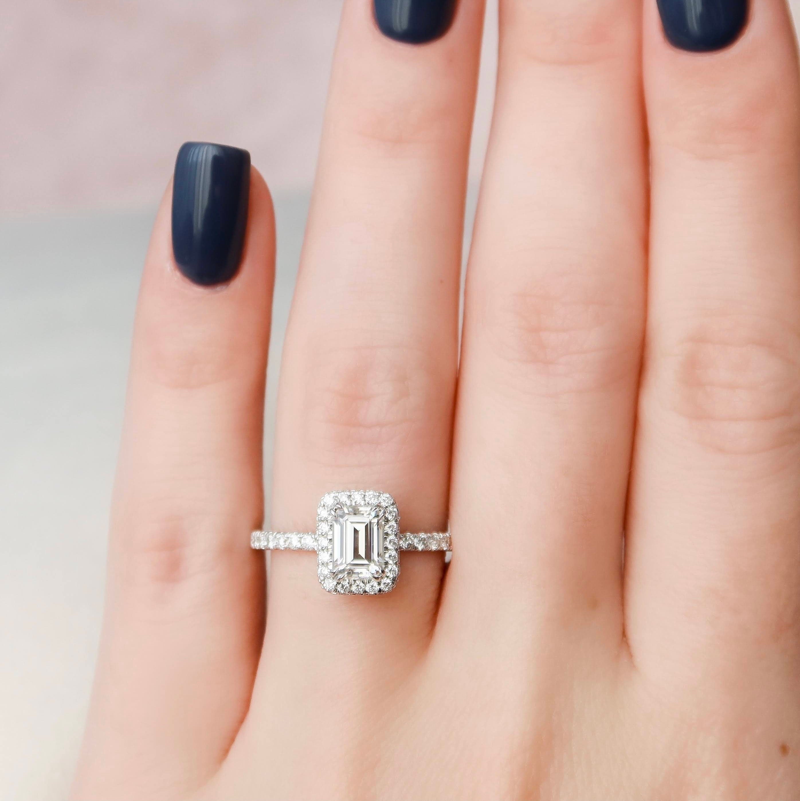 1.0CT Emerald Cut Unique Halo Moissanite Engagement Ring
