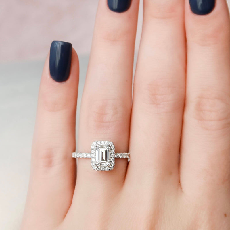 1.0CT Emerald Cut Unique Halo Moissanite Engagement Ring