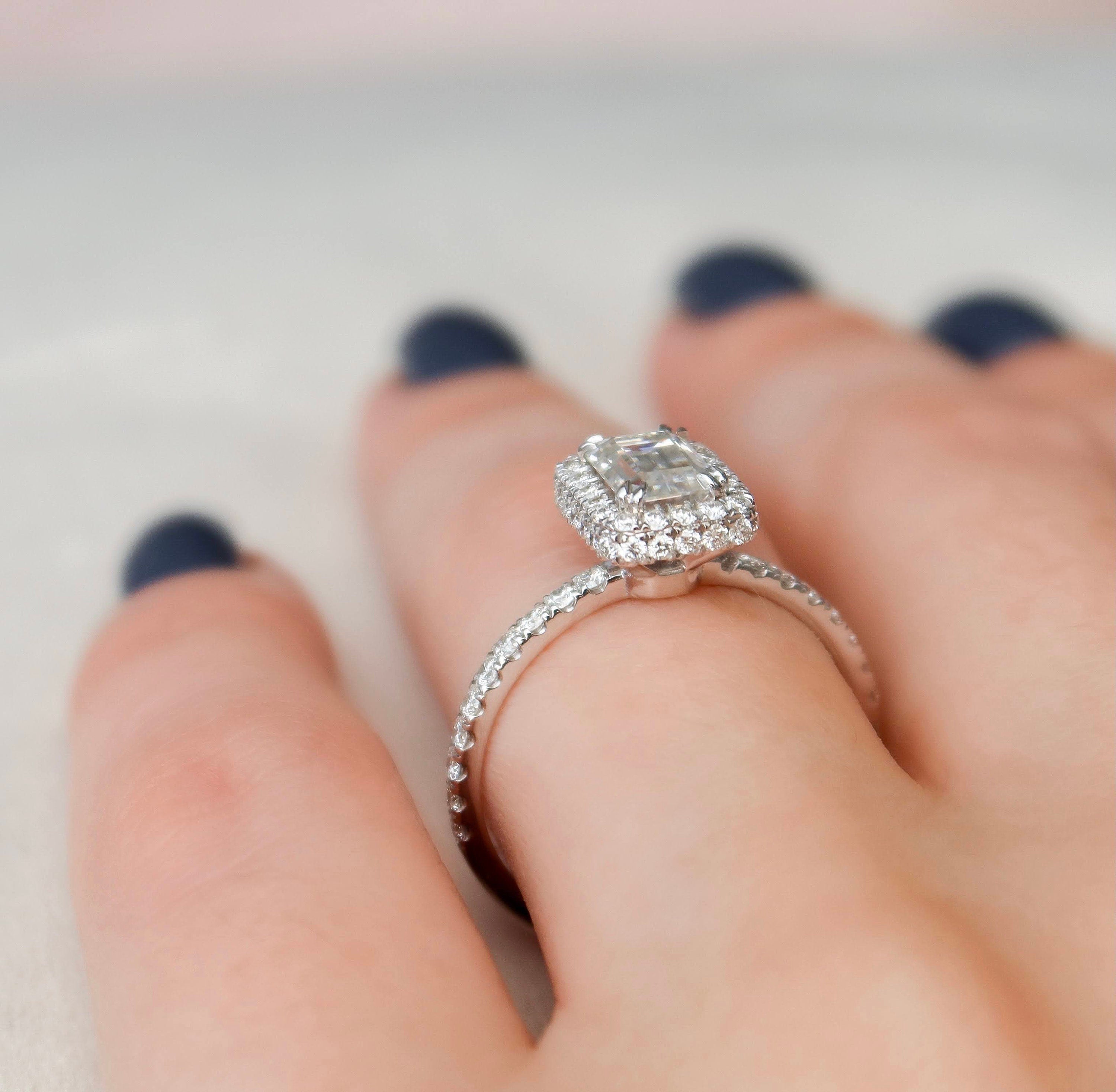 1.0CT Emerald Cut Unique Halo Moissanite Engagement Ring