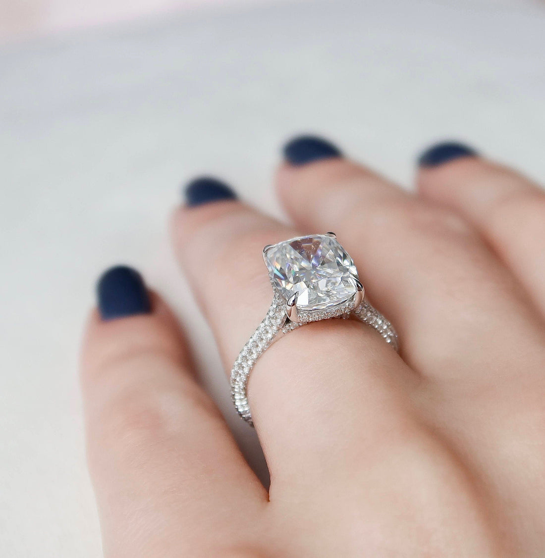 6.8CT Elongated Cushion Moissanite Hidden Halo Triple Pave Setting Engagement Ring