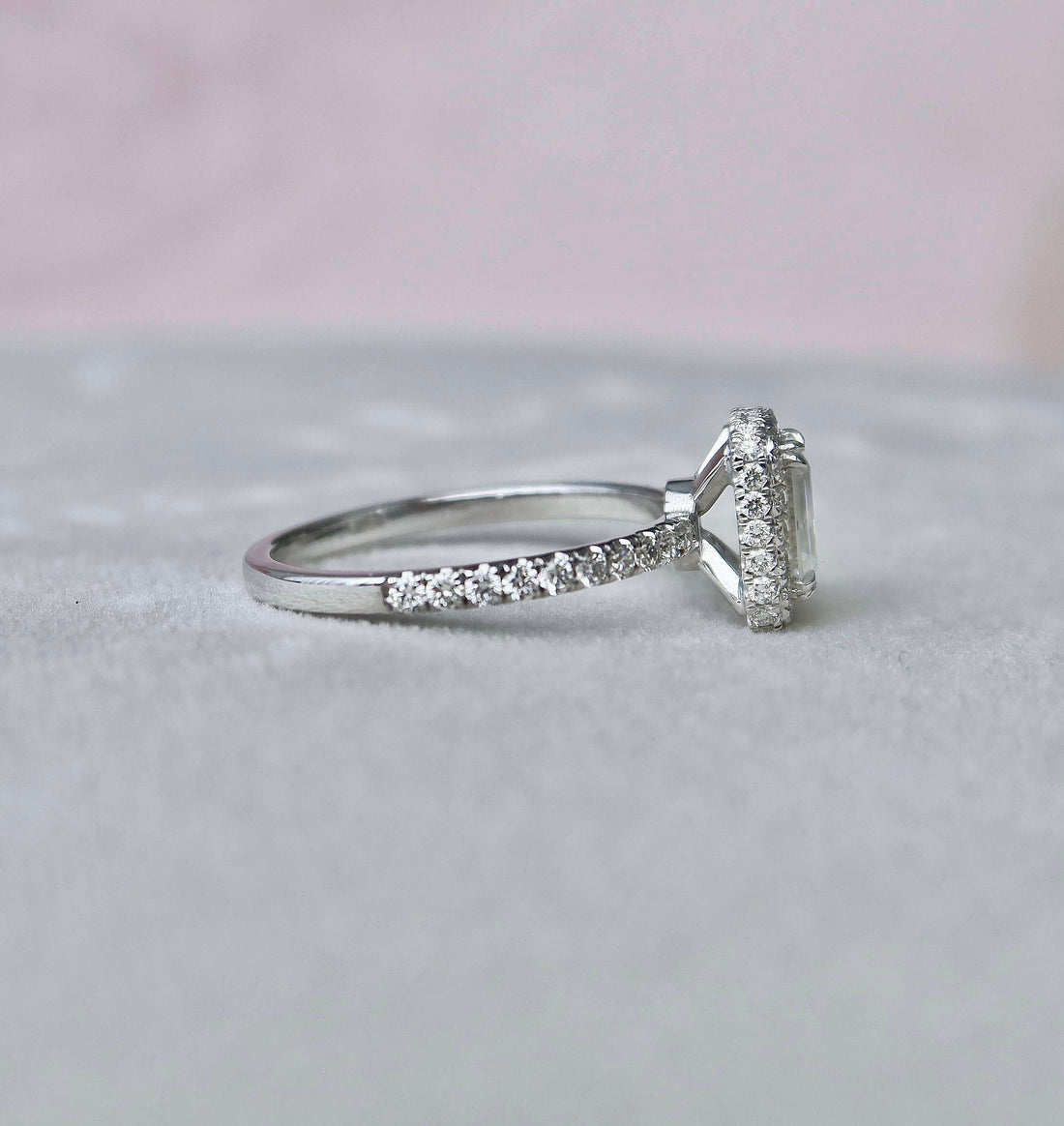 1.0CT Emerald Cut Unique Halo Moissanite Engagement Ring