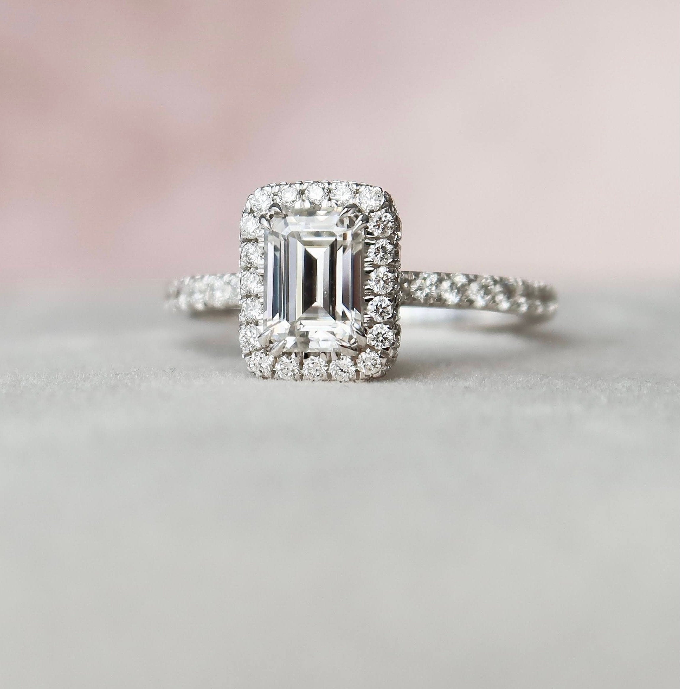 1.0CT Emerald Cut Unique Halo Moissanite Engagement Ring
