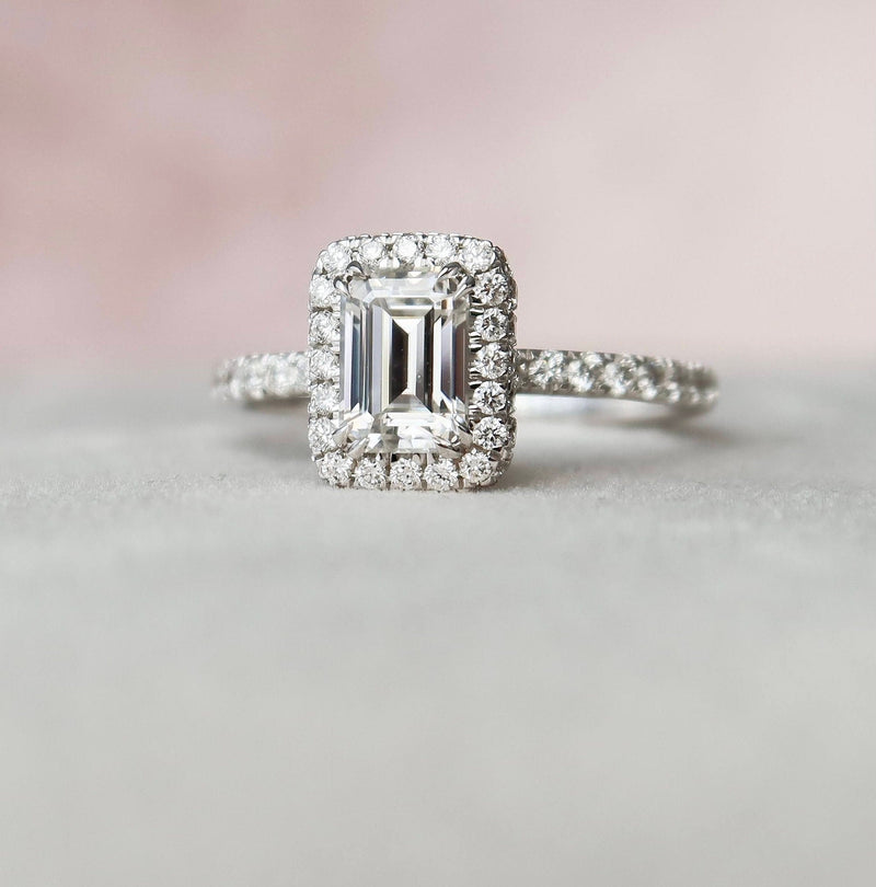 1.0CT Emerald Cut Unique Halo Moissanite Engagement Ring
