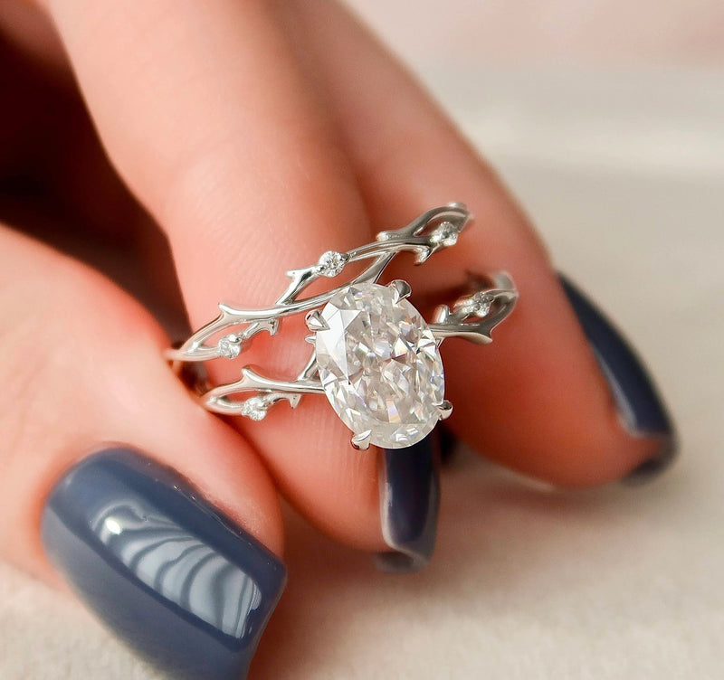 2.0CT Oval Cut Moissanite Twig Style Bridal Ring Set