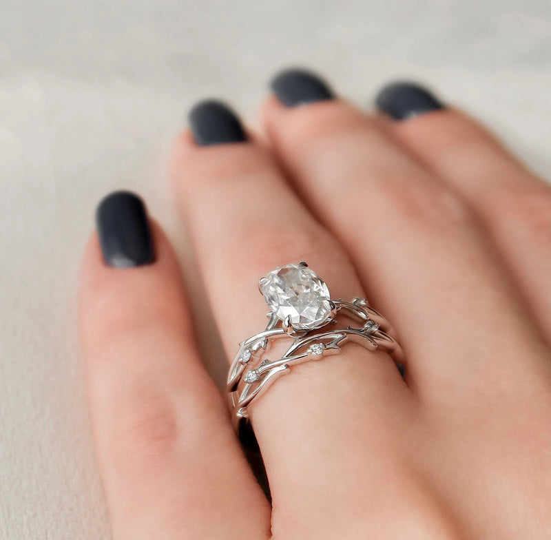 2.0CT Oval Cut Moissanite Twig Style Bridal Ring Set