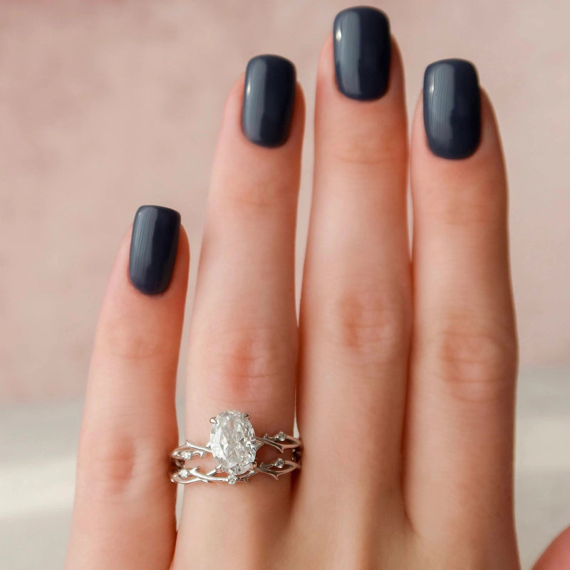 2.0CT Oval Cut Moissanite Twig Style Bridal Ring Set