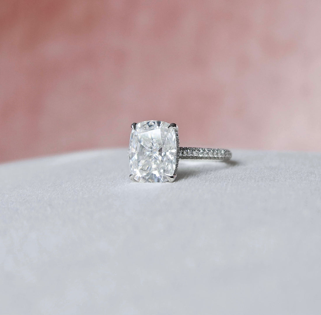 6.8CT Elongated Cushion Moissanite Hidden Halo Triple Pave Setting Engagement Ring