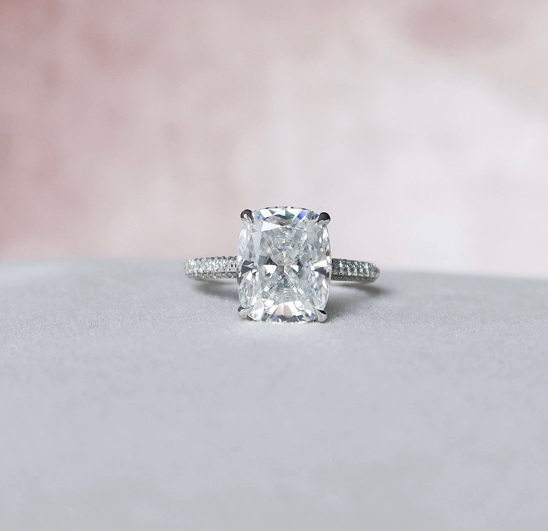 6.8CT Elongated Cushion Moissanite Hidden Halo Triple Pave Setting Engagement Ring