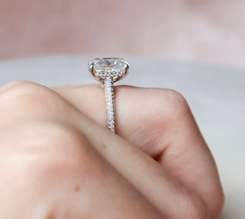 6.8CT Elongated Cushion Moissanite Hidden Halo Triple Pave Setting Engagement Ring
