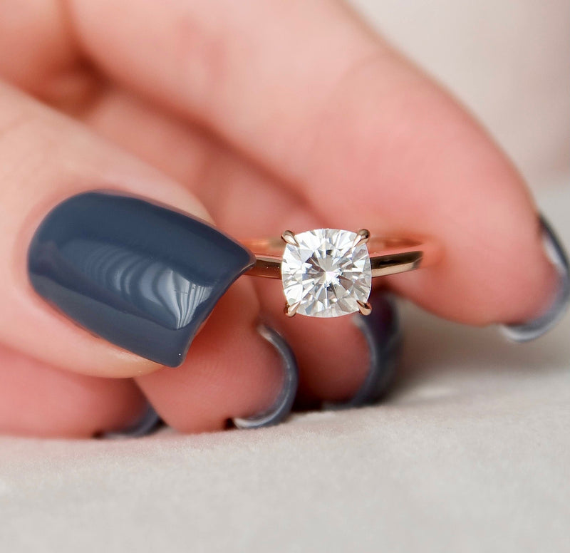 2.0CT Cushion Moissanite Solitaire Engagement Ring With Hidden Halo Setting