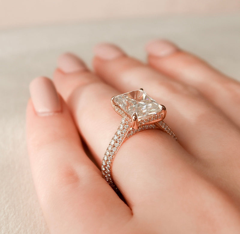 5.50CT Radiant Moissanite Hidden Halo Triple Pave Setting Engagement Ring