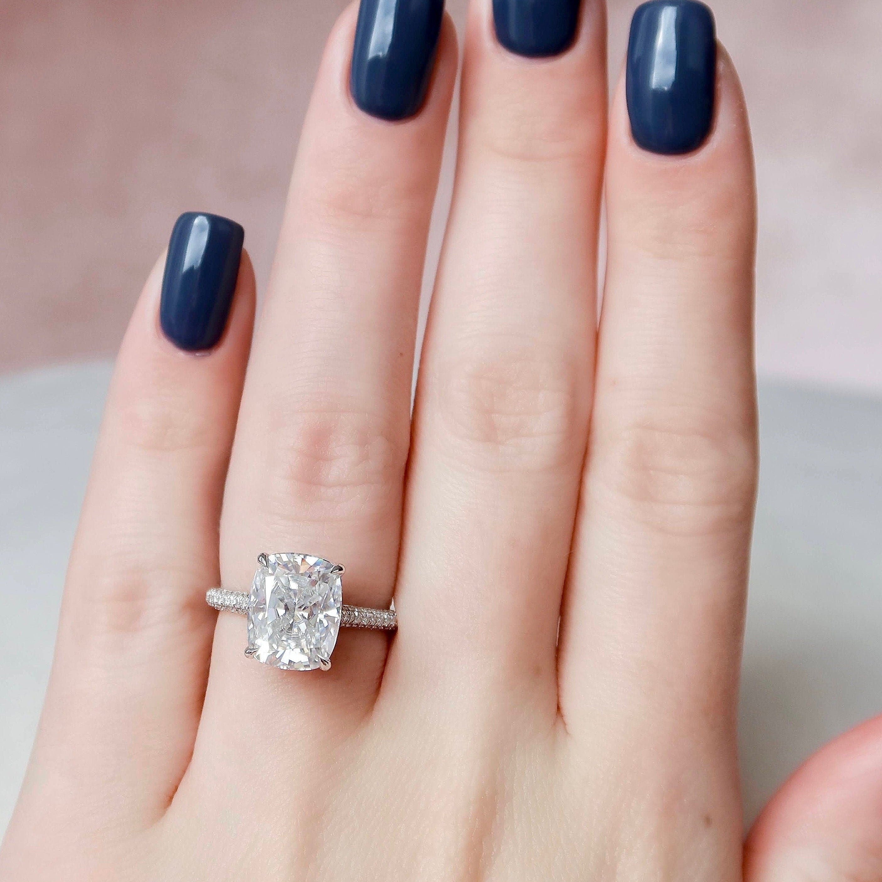 6.8CT Elongated Cushion Moissanite Hidden Halo Triple Pave Setting Engagement Ring