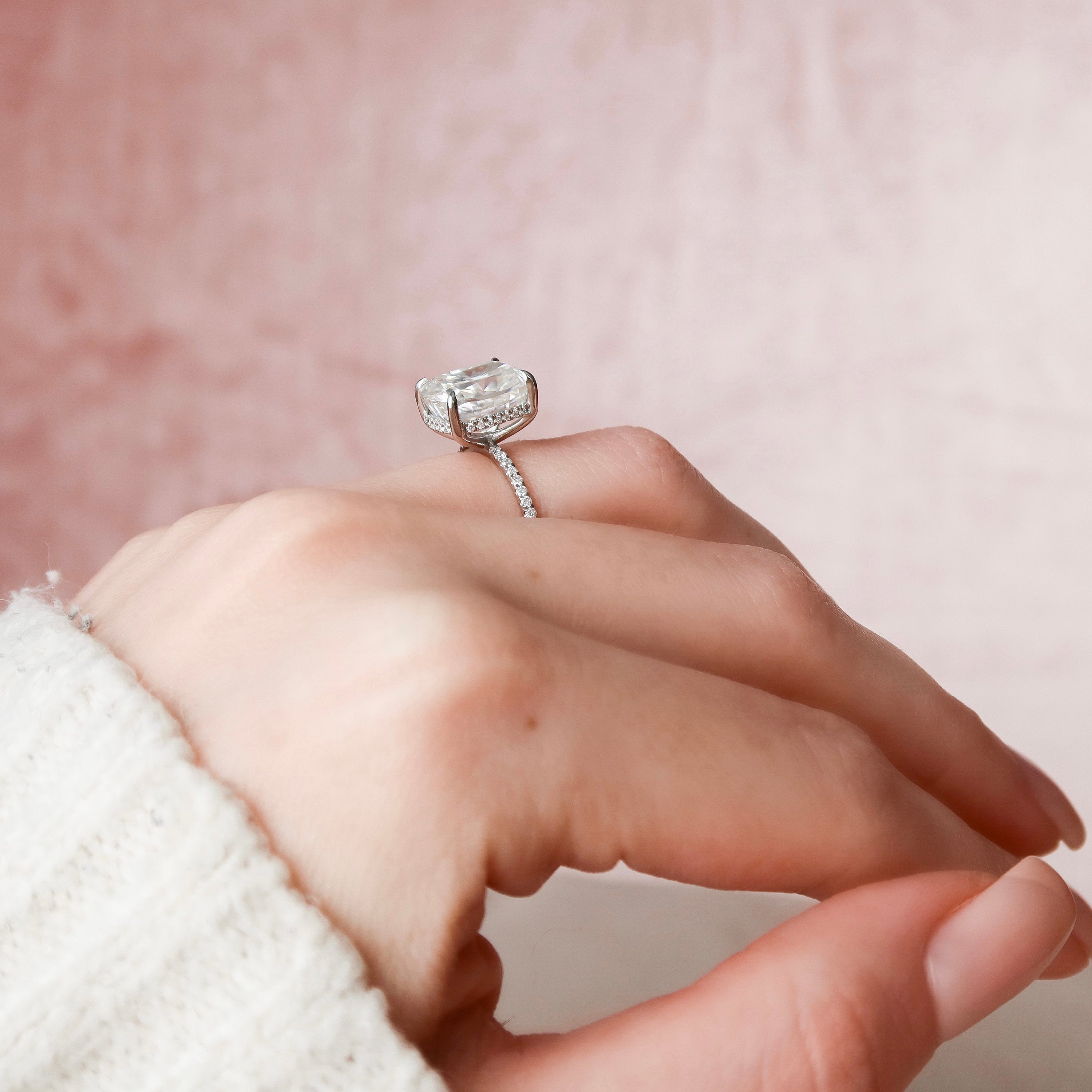 6.0CT Elongated Cushion Moissanite Hidden Halo Pave Setting Engagement Ring