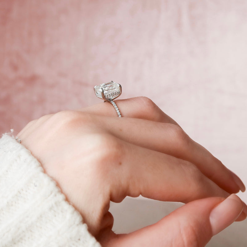 6.0CT Elongated Cushion Moissanite Hidden Halo Pave Setting Engagement Ring