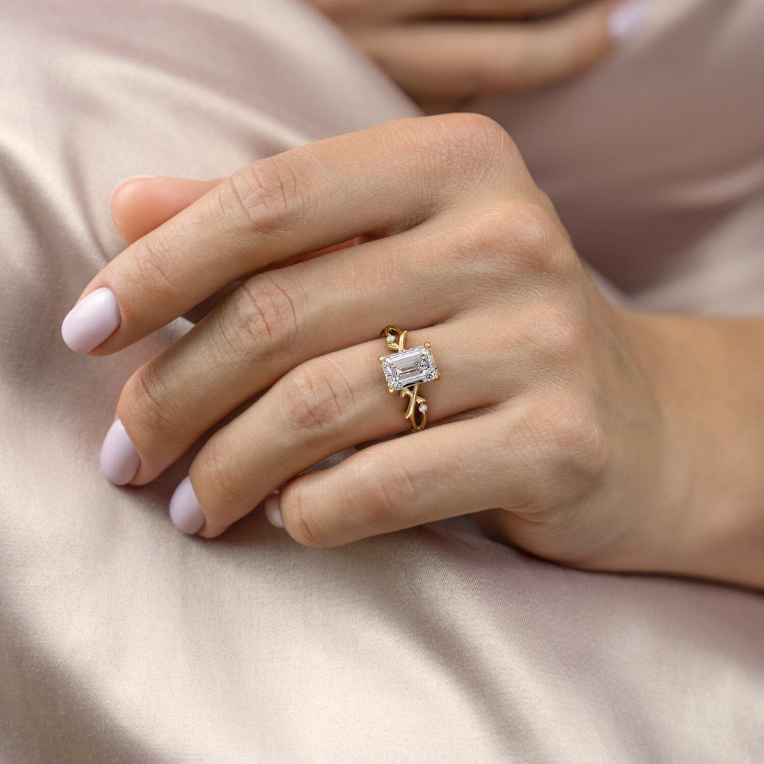2.03 CT Emerald Cut Moissanite Twig Style Engagement Ring