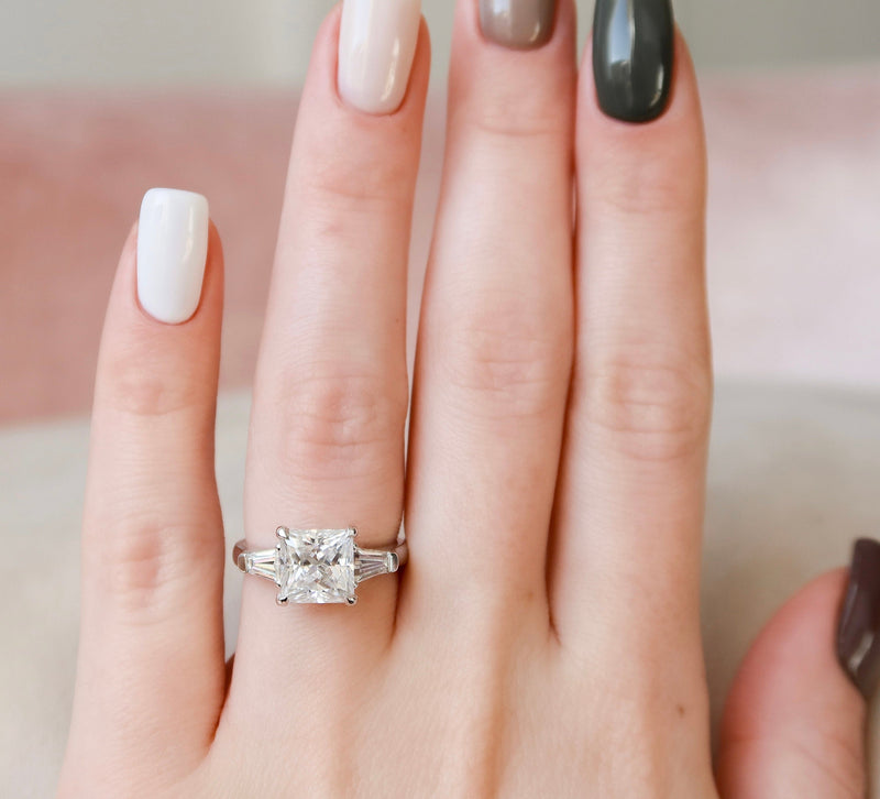 4.12 CT Princess Cut Moissanite 3 Stones Engagement Ring