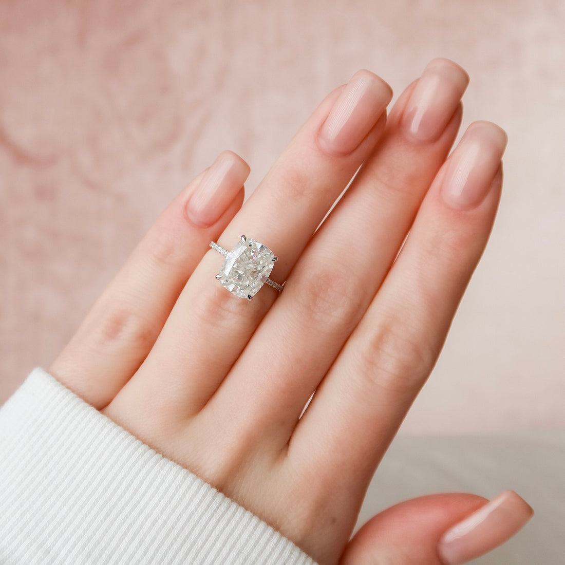 6.0CT Elongated Cushion Moissanite Hidden Halo Pave Setting Engagement Ring