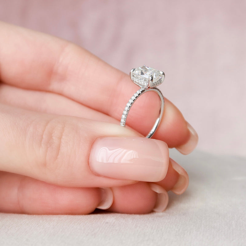 2.0CT Elongated Cushion Moissanite Hidden Halo Pave Setting Engagement Ring