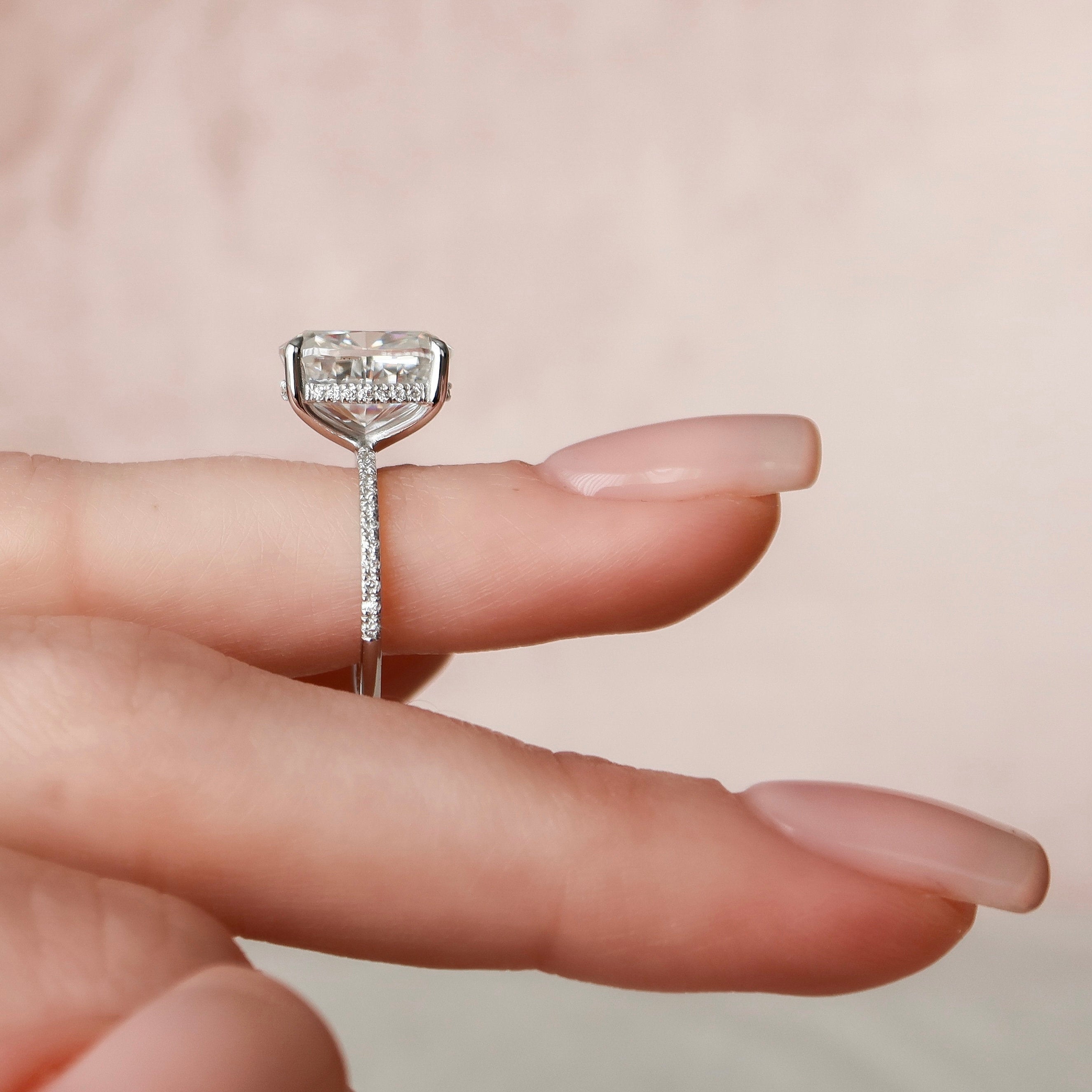 6.0CT Elongated Cushion Moissanite Hidden Halo Pave Setting Engagement Ring