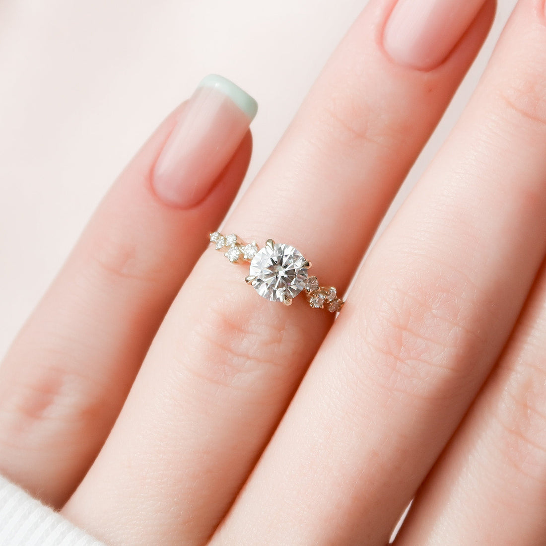 1.0CT Round Cut Moissanite Cluster Style Pave Diamond Engagement Ring