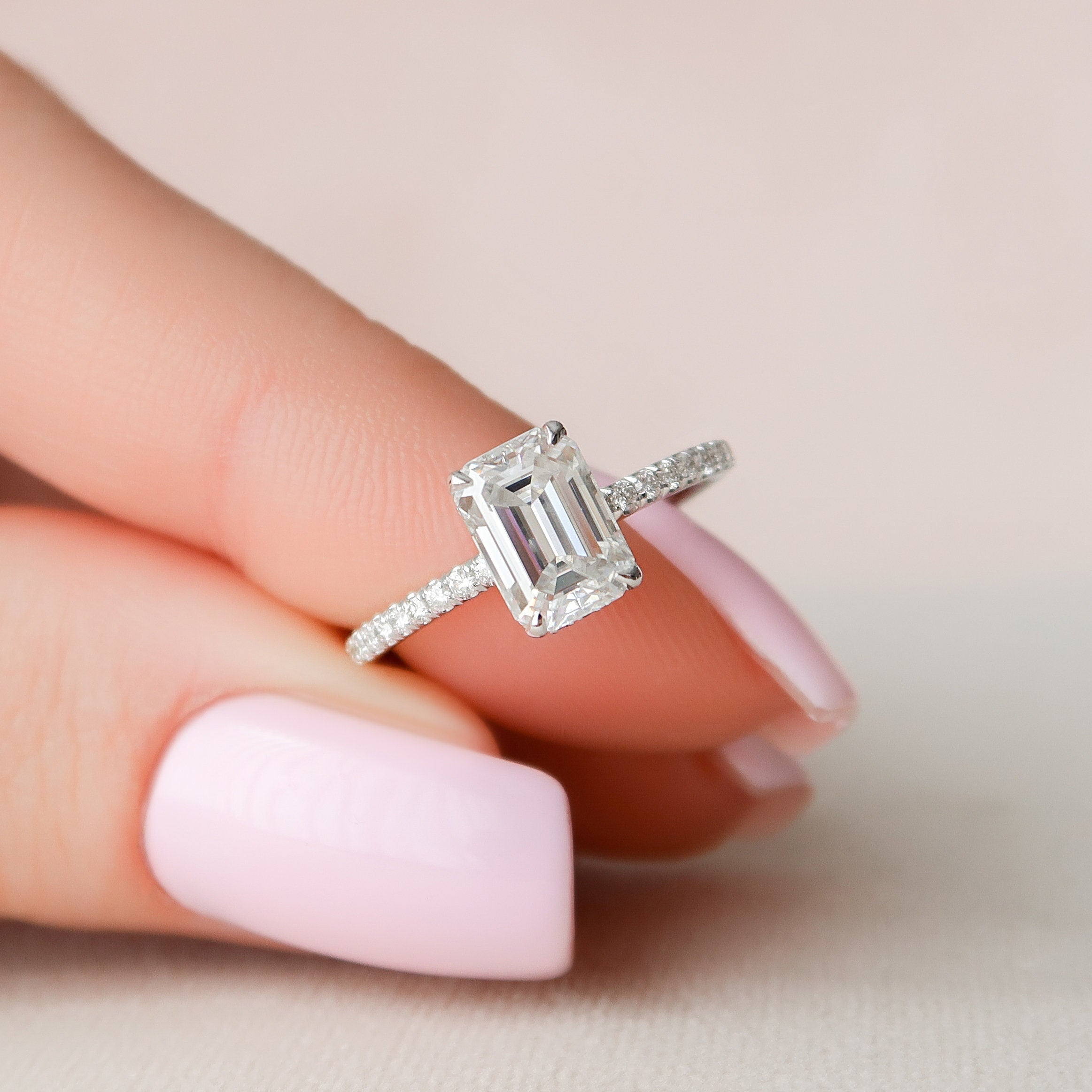 1.50CT Emerald Cut Hidden Halo Pave Style Moissanite Engagement Ring