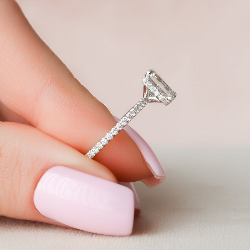 1.50CT Emerald Cut Hidden Halo Pave Style Moissanite Engagement Ring