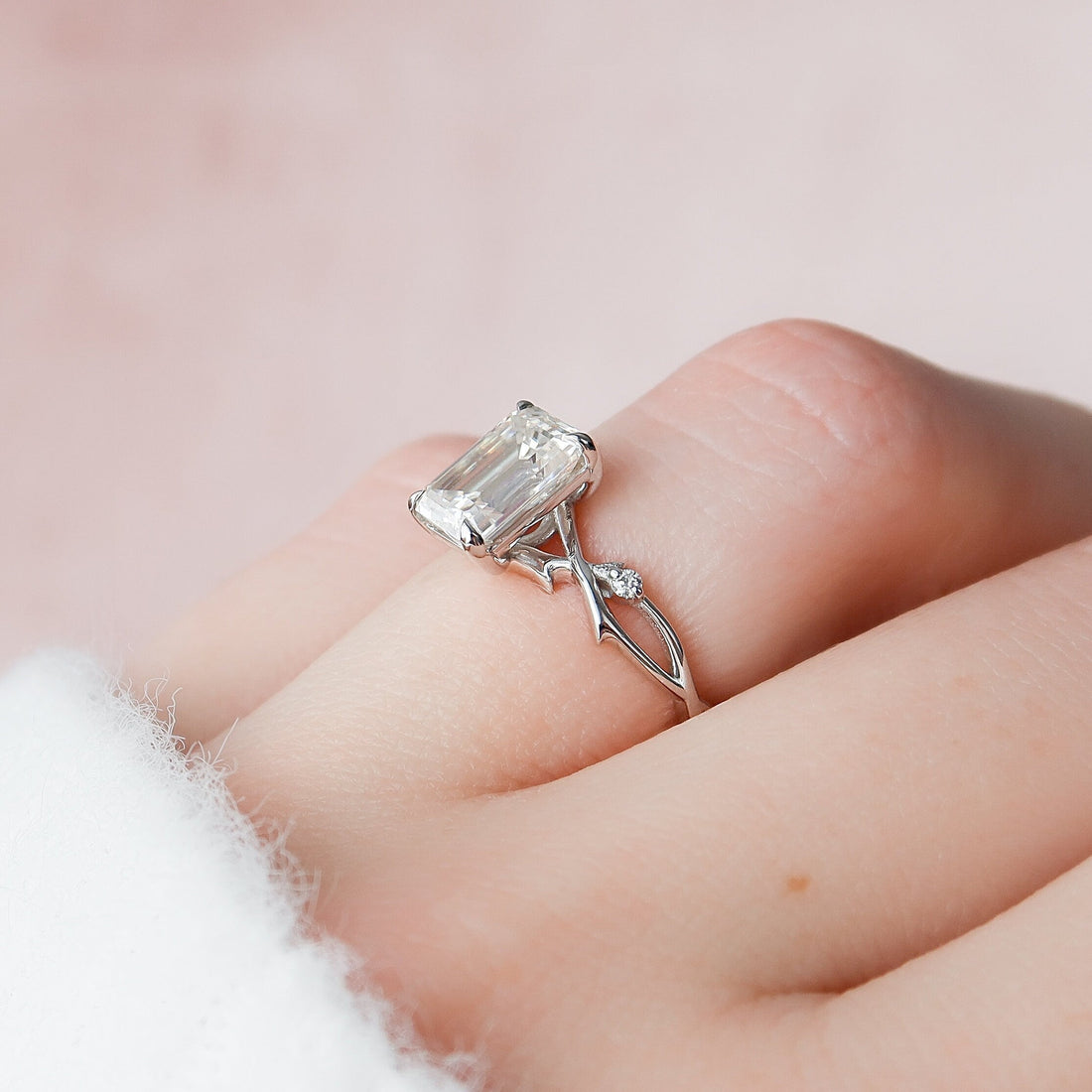 2.03 CT Emerald Cut Moissanite Twig Style Engagement Ring