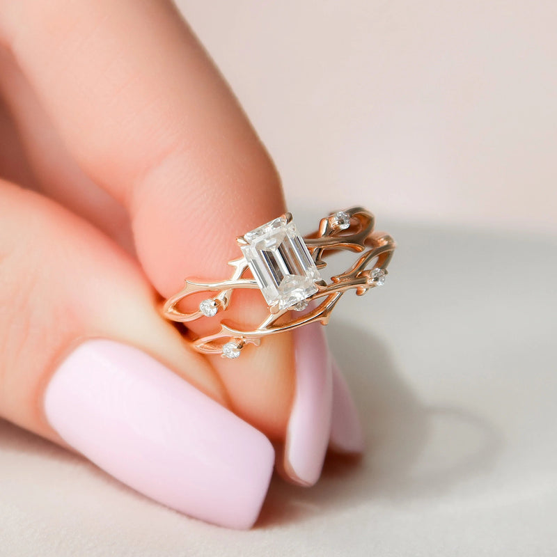 1.0CT Emerald Cut Moissanite Twig Style Bridal Ring Set