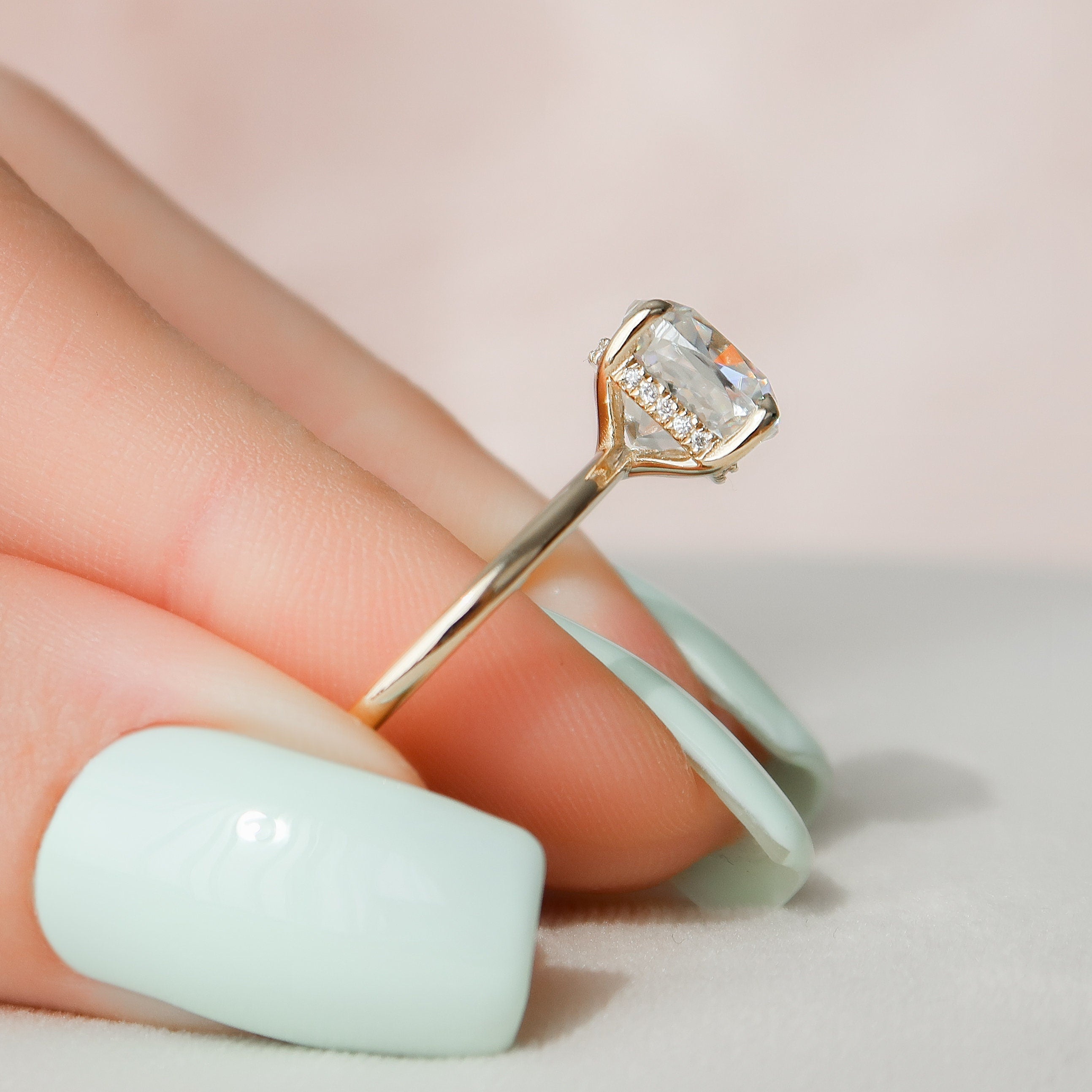 3.50CT Cushion Moissanite Solitaire Hidden Halo Engagement Ring