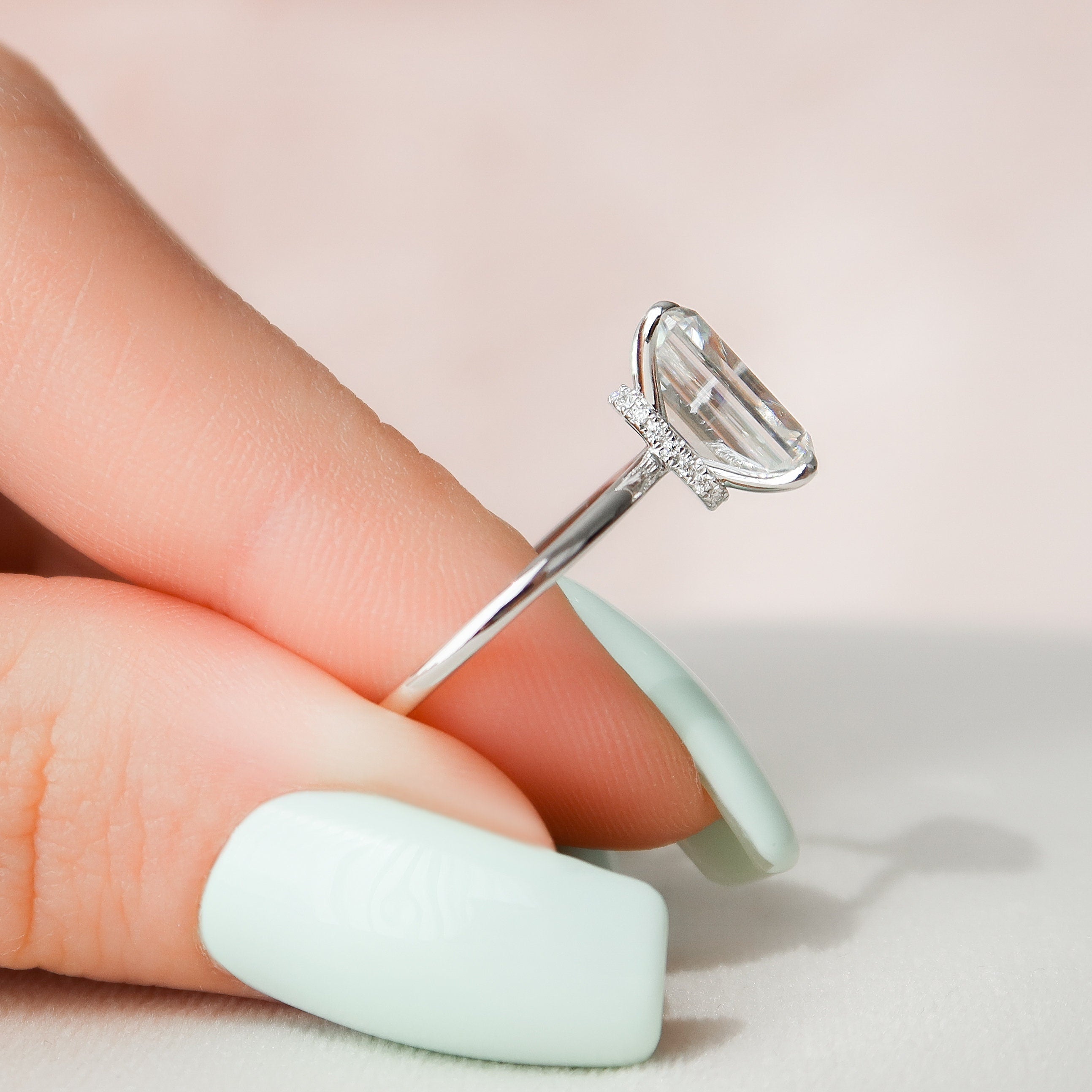 4.50CT Emerald Moissanite Solitaire Hidden Halo Setting Engagement Ring