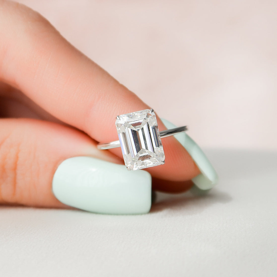 4.50CT Emerald Moissanite Solitaire Hidden Halo Setting Engagement Ring
