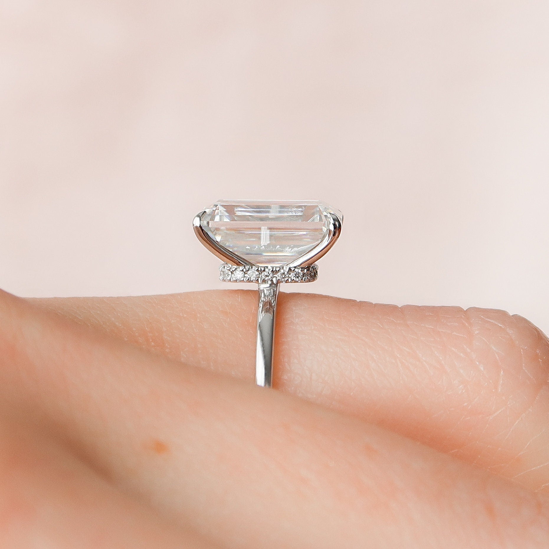 4.50CT Emerald Moissanite Solitaire Hidden Halo Setting Engagement Ring