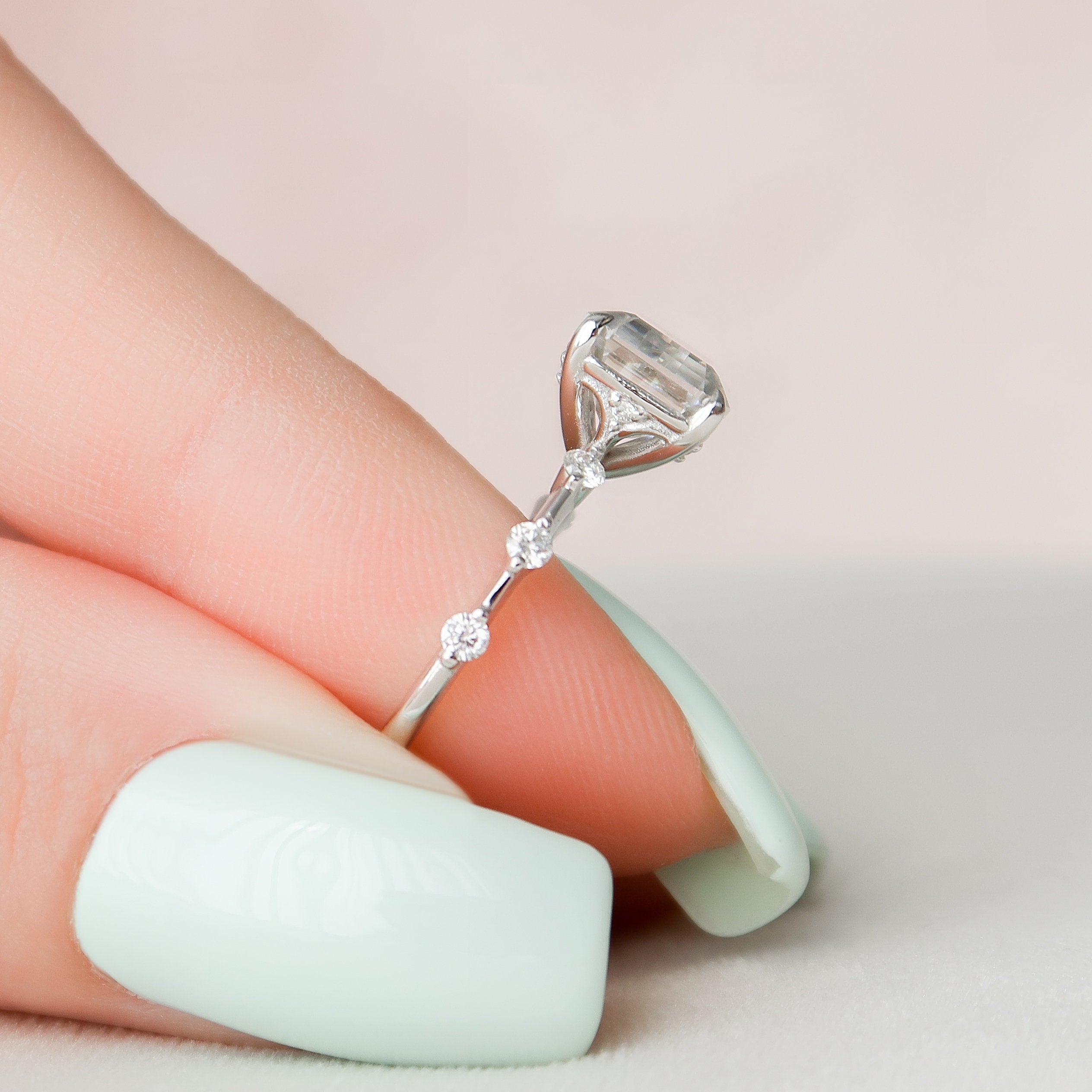 3.0CT East-West Emerald Moissanite Solitaire Dainty Style Engagement Ring