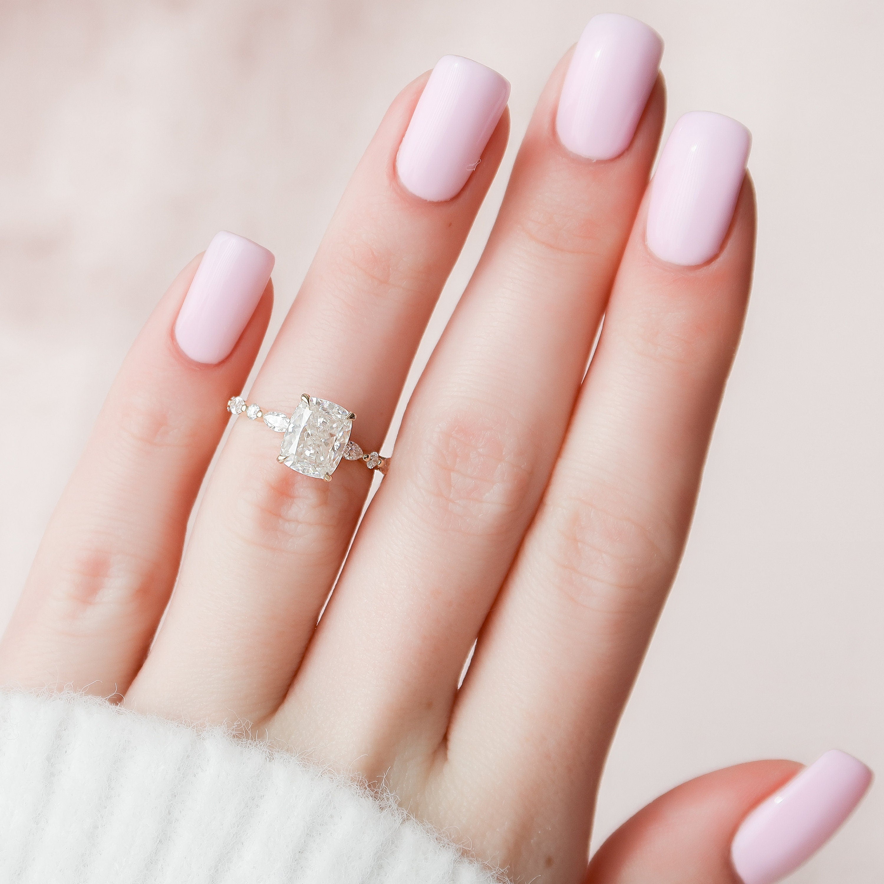 2.85CT Elongated Cushion Moissanite Hidden Halo Pave Setting Diamond Engagement Ring