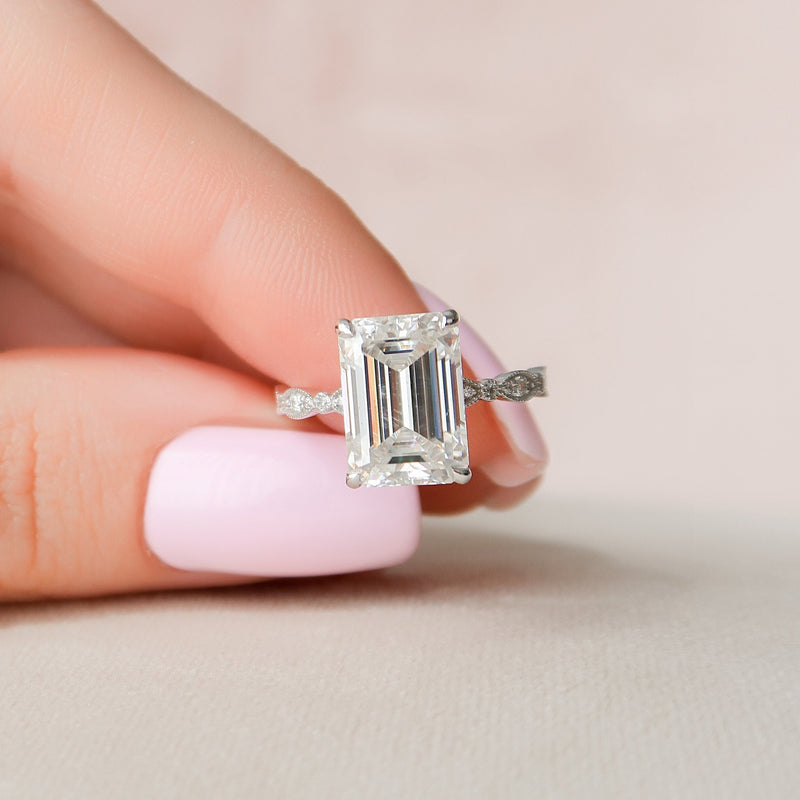 5.19CT Emerald Cut Moissanite Solitaire Art Deco Engagement Ring