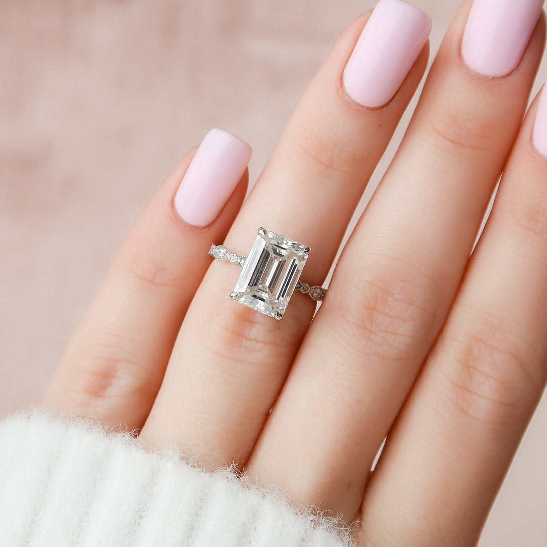 5.19CT Emerald Cut Moissanite Solitaire Art Deco Engagement Ring
