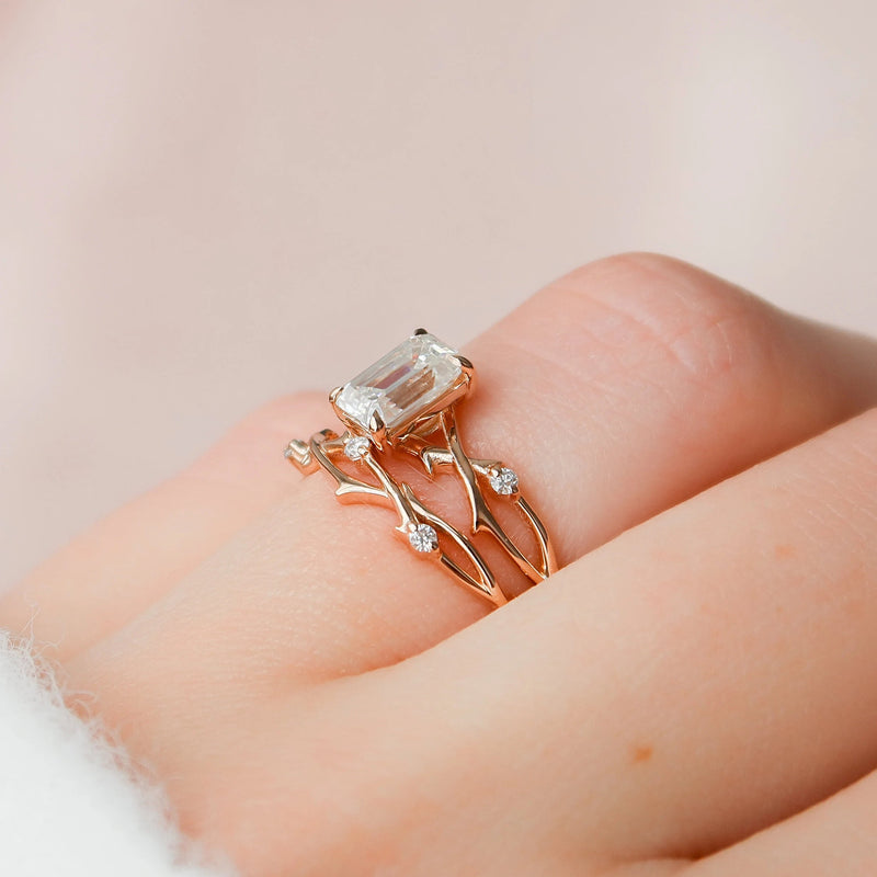 1.0CT Emerald Cut Moissanite Twig Style Bridal Ring Set