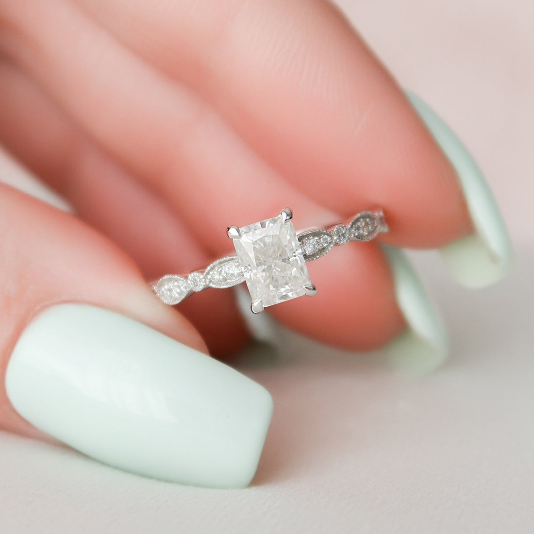 1.19CT Radiant Cut Moissanite Solitaire Milgrain Engagement Ring