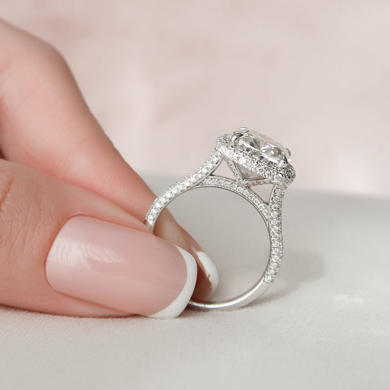 4.0CT Cushion Moissanite Halo Triple Pave Setting Engagement Ring