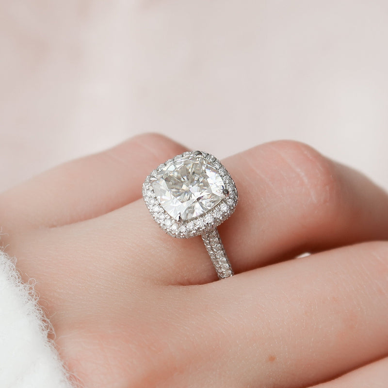 4.0CT Cushion Moissanite Halo Triple Pave Setting Engagement Ring