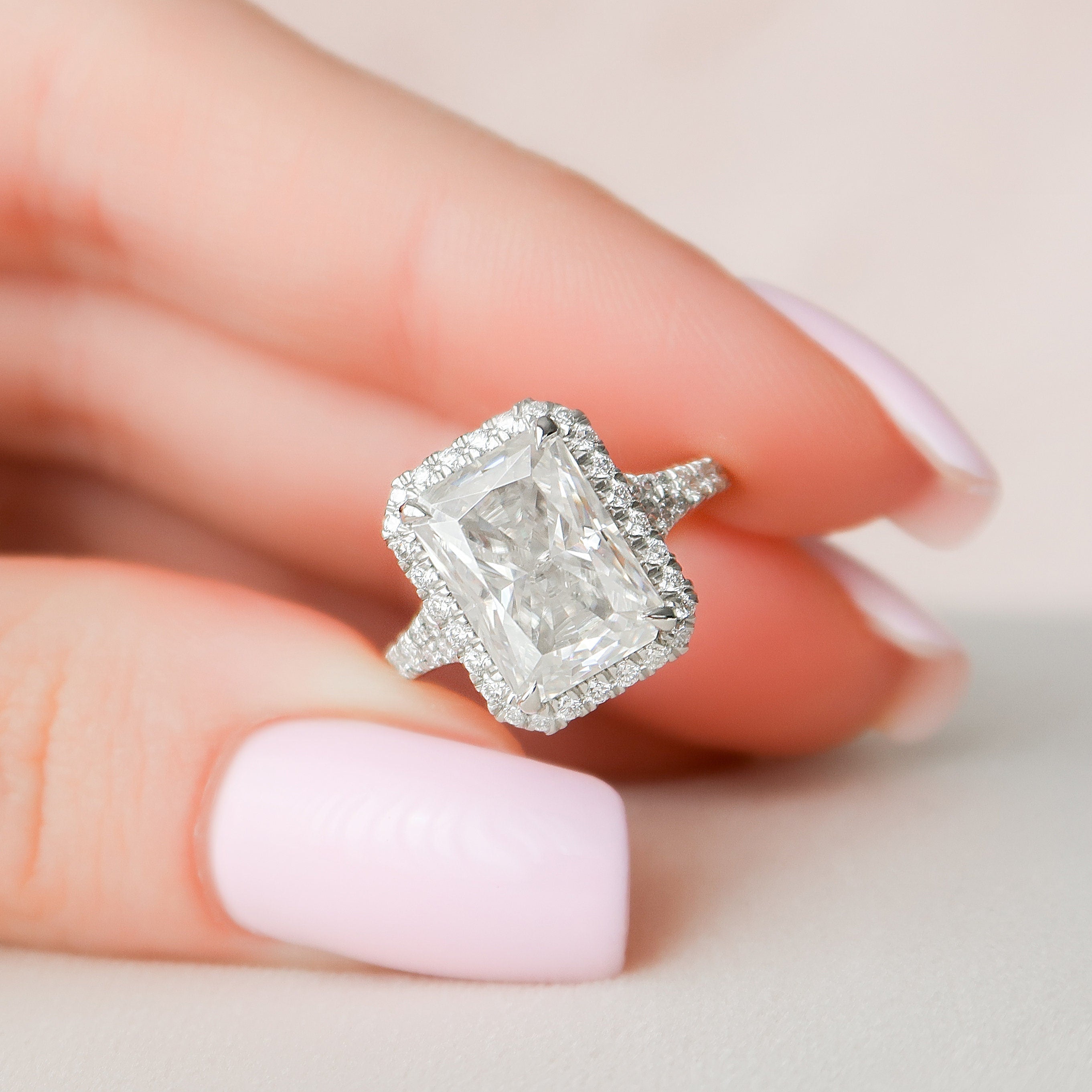 5.50CT Radiant Moissanite Halo Split Shank Style Engagement Ring