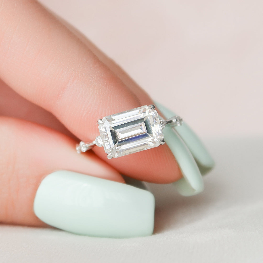 3.0CT East-West Emerald Moissanite Solitaire Dainty Style Engagement Ring