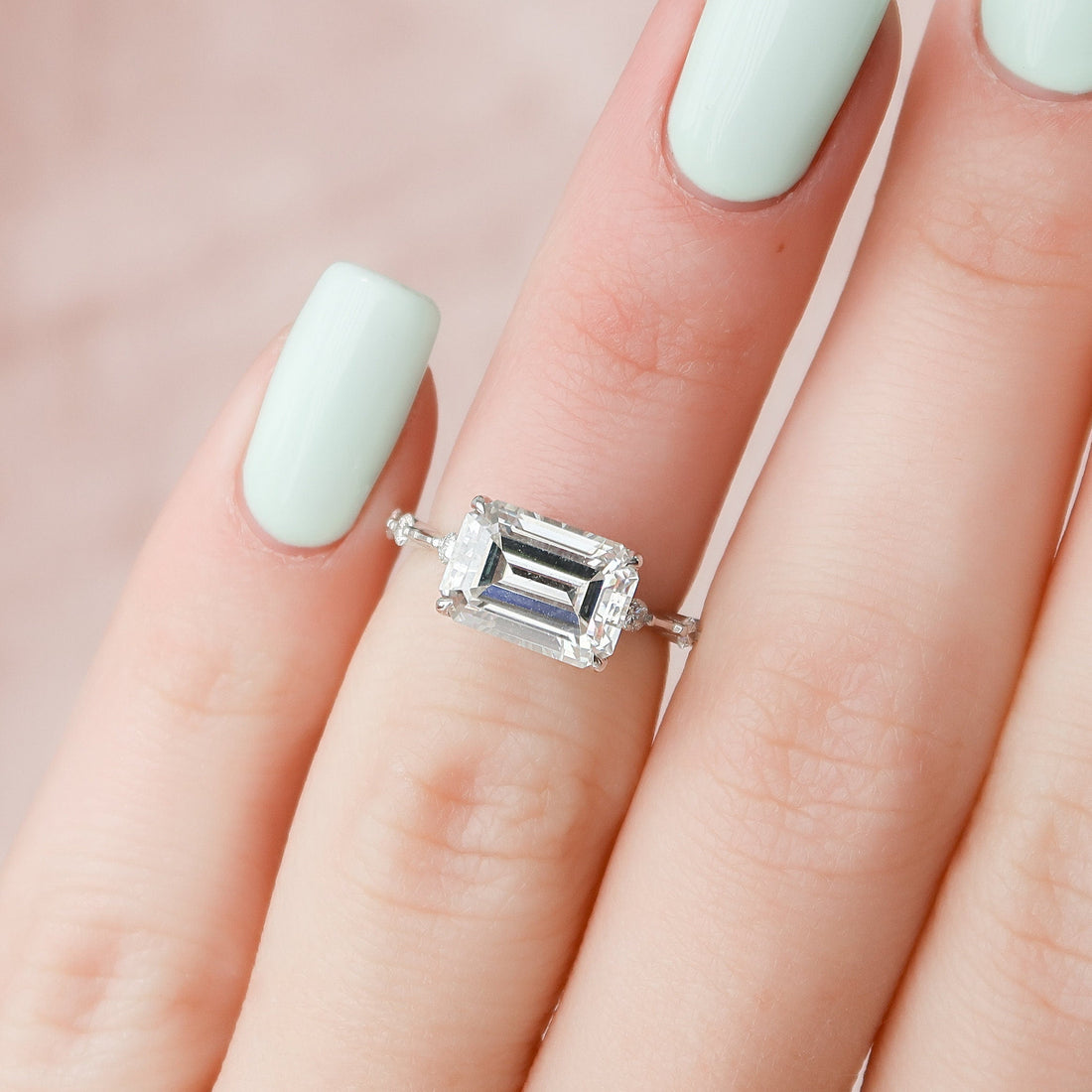 3.0CT East-West Emerald Moissanite Solitaire Dainty Style Engagement Ring