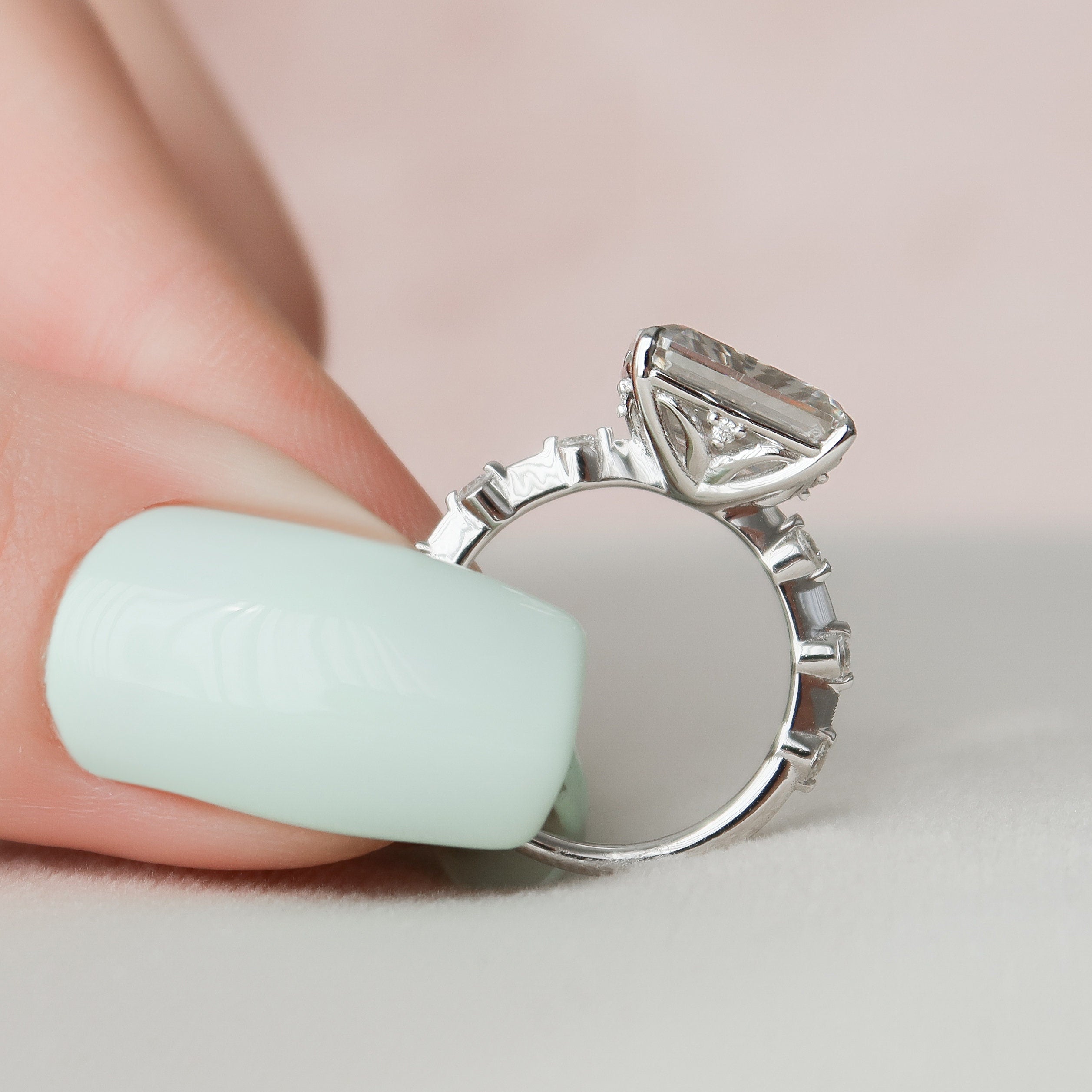 3.0CT East-West Emerald Moissanite Solitaire Dainty Style Engagement Ring