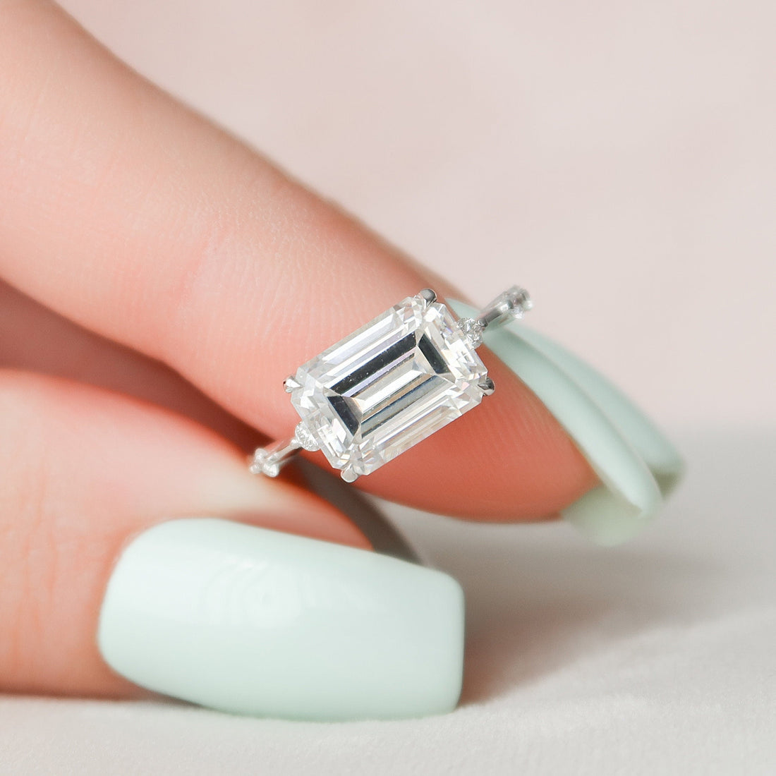 3.0CT East-West Emerald Moissanite Solitaire Dainty Style Engagement Ring