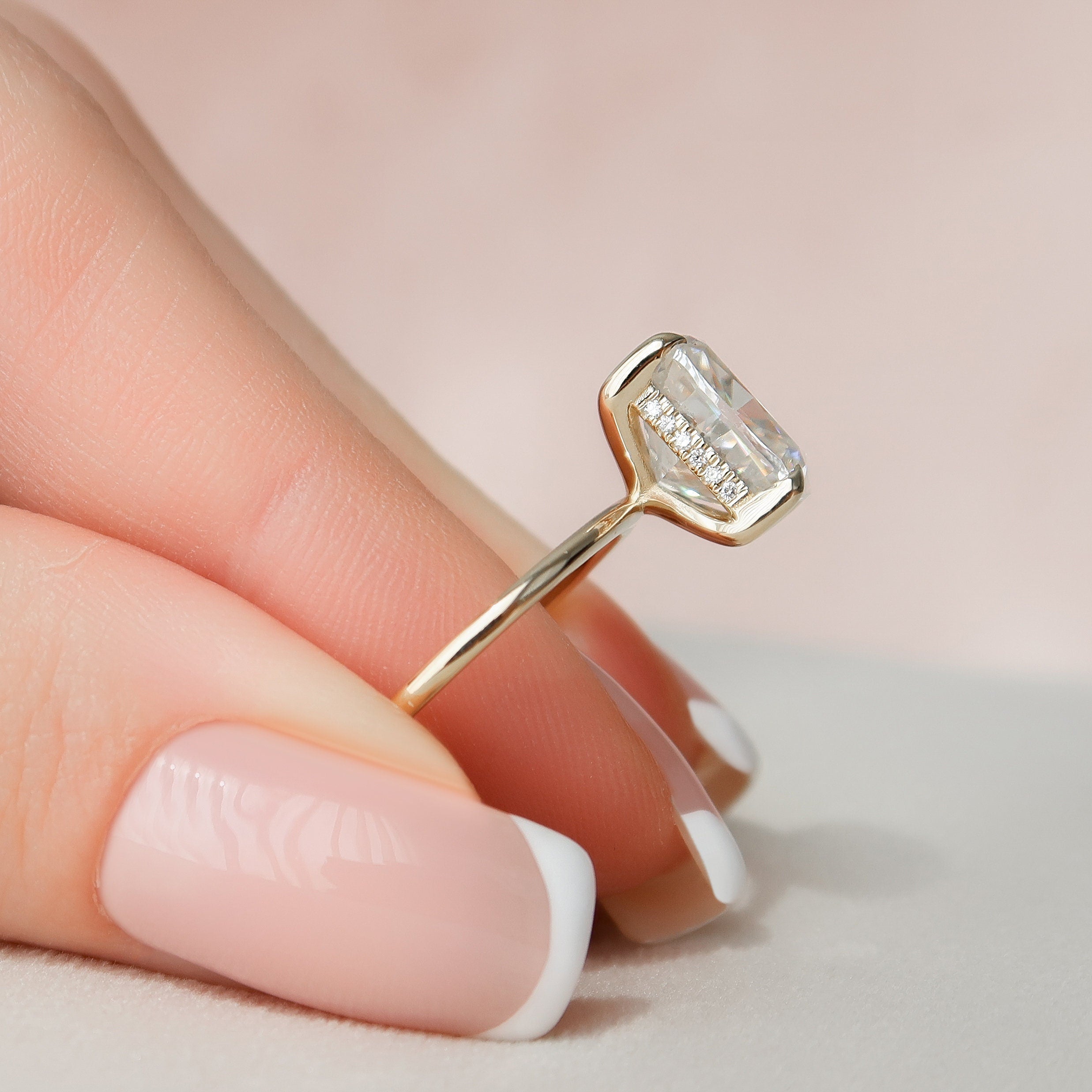 4.50CT Elongated Cushion Moissanite Solitaire Hidden Halo Setting Engagement Ring