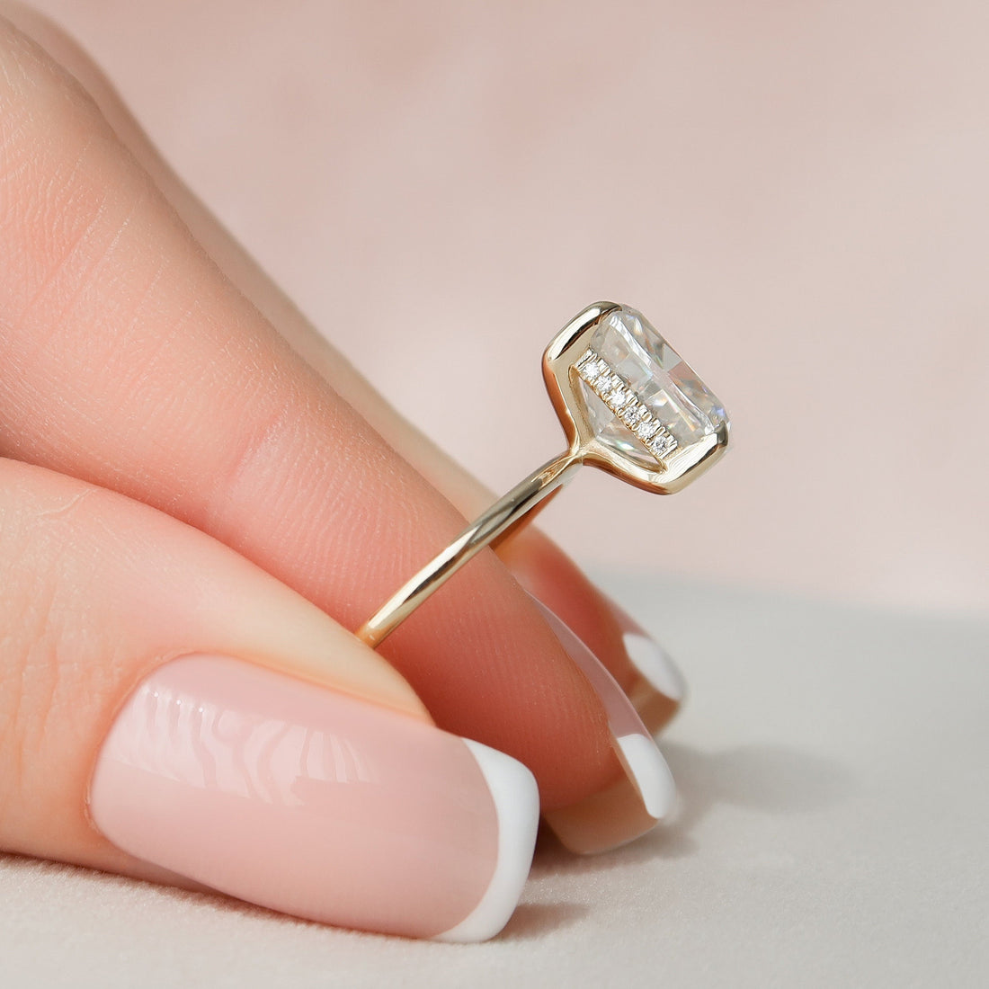 4.50CT Elongated Cushion Moissanite Solitaire Hidden Halo Setting Engagement Ring