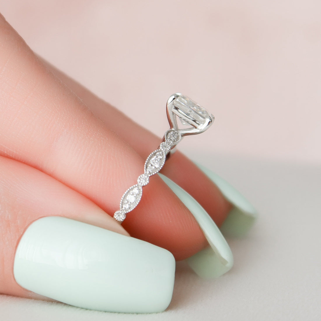 1.19CT Radiant Cut Moissanite Solitaire Milgrain Engagement Ring