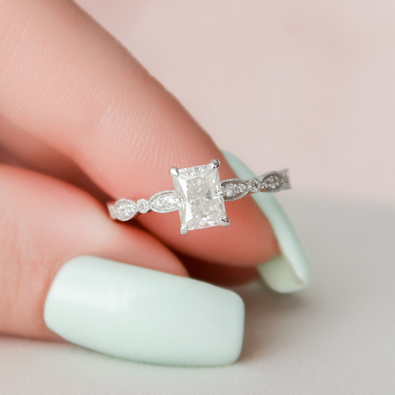 1.19CT Radiant Cut Moissanite Solitaire Milgrain Engagement Ring