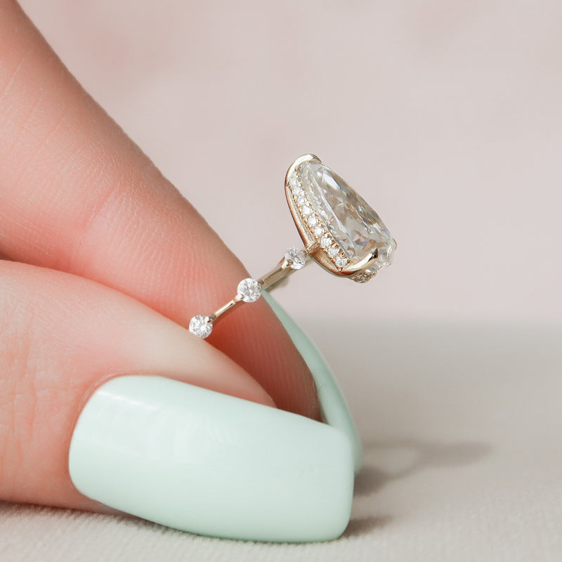 2.27 CT Pear Moissanite Hidden Halo Dainty Pave Engagement Ring